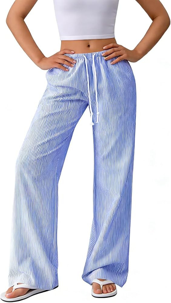 Women's Striped Wide Leg Linen Pants Elastic Waist Drawstring with Pockets - Summer Casual Beach ... | Amazon (US)