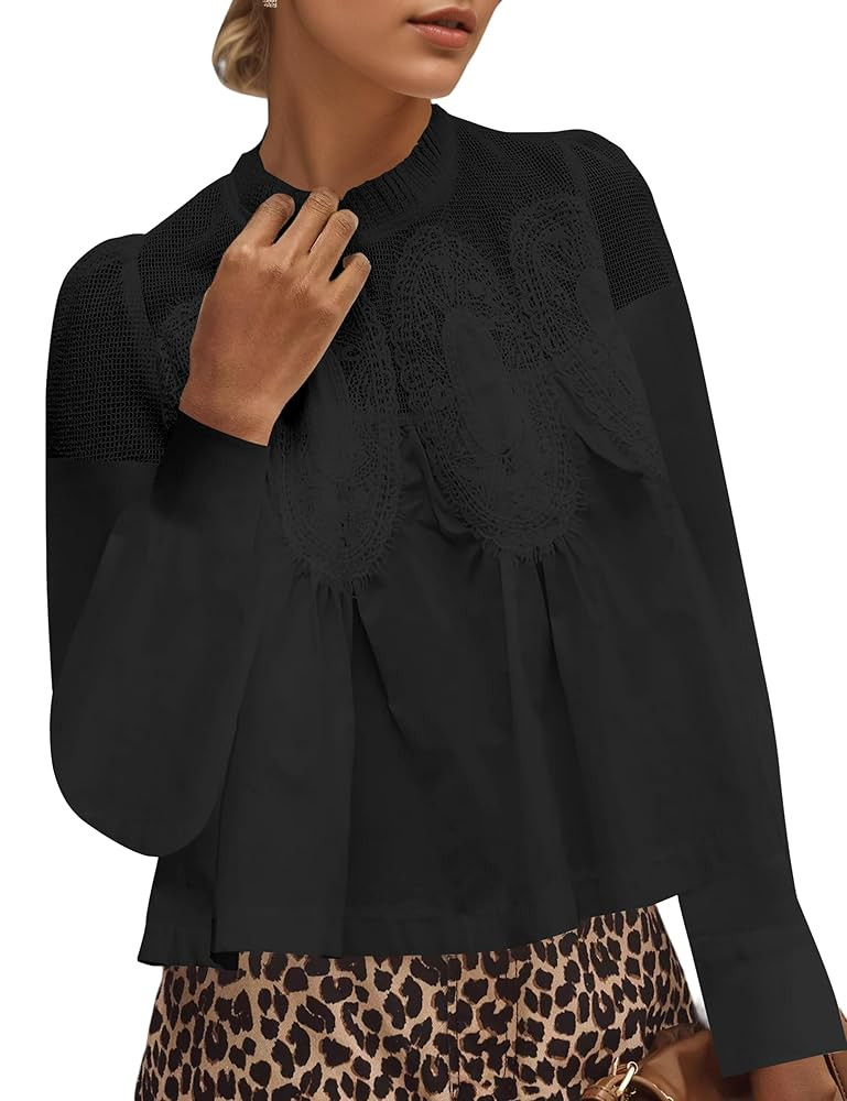 Women’s Lace Flared Short Sleeve Blouse Lace Poplin Ruffle Mesh Crew Neck Swing Babydoll Tops E... | Amazon (US)