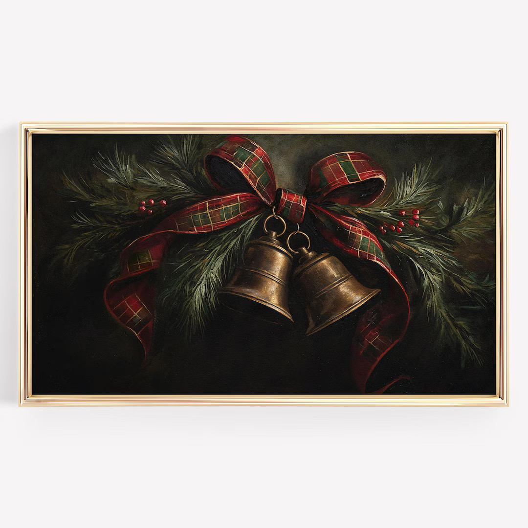 Frame Tv Art Christmas Bells and Tartan Bow, Moody Preppy Holiday Classic Heritage Tv Art - Etsy | Etsy (US)