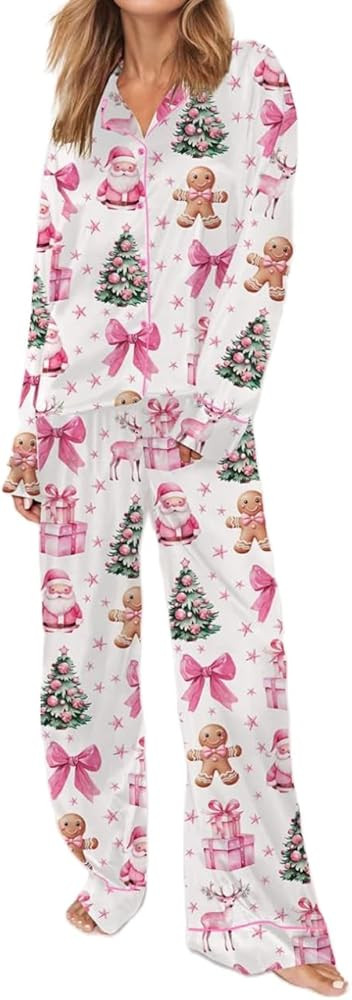 Juakoso Women Christmas Pajamas Sets Cute Xmas Long Sleeve Pants Pjs Santa Claus Printed Nightwea... | Amazon (US)