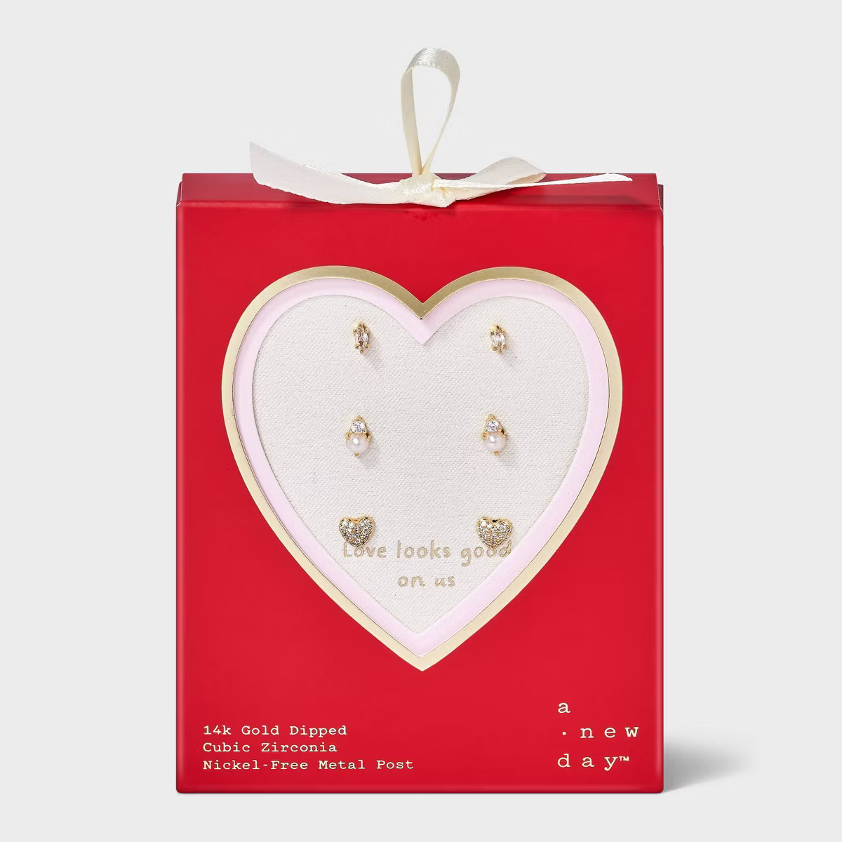 14K Gold Dipped Cubic Zirconia Heart Pearl Stud Earring Set 3pc - A New Day™ Gold/Ivory | Target