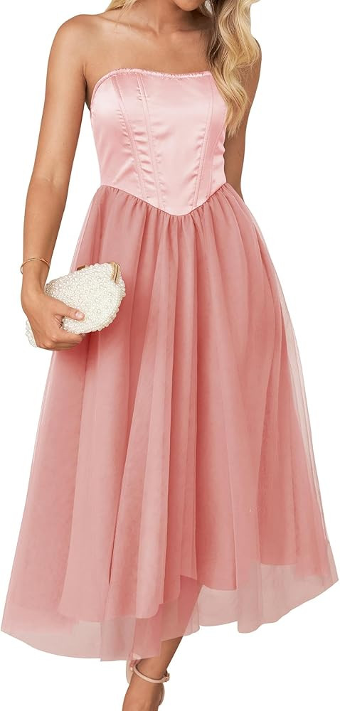 ZESICA Women's 2024 Summer Strapless Dress Sexy Corset Tube Backless Smocked High Waist Wedding P... | Amazon (US)