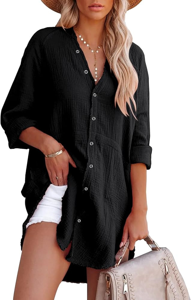 siliteelon Women's Button Down Tunic with Pockets Cotton Gauze Button Up Shirt Dress Long Sleeve ... | Amazon (US)