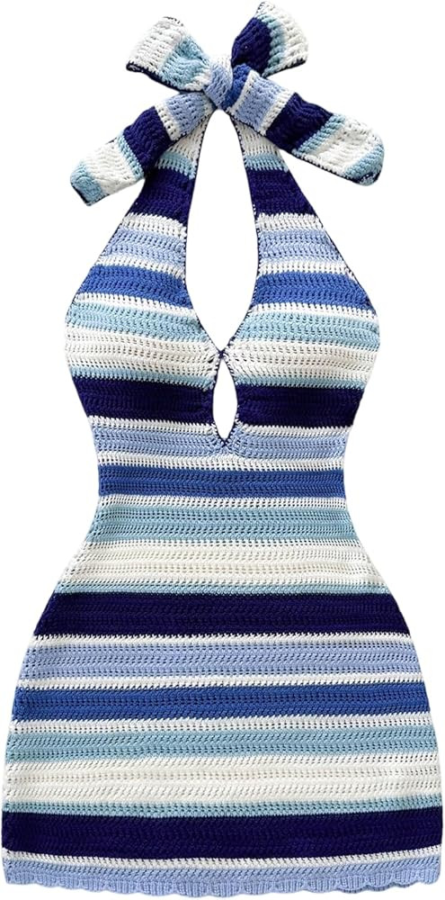SOLY HUX Women's Striped Bodycon Halter Dress Sleeveless Cut Out Backless Beach Vacation Mini Kni... | Amazon (US)
