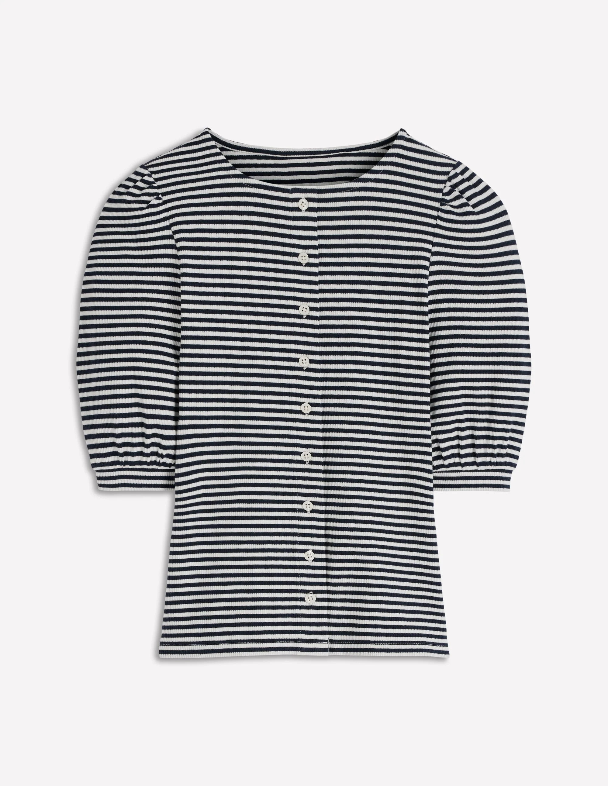 Evie Ribbed Puff Sleeve Top-Ivory, Navy Stripe | Boden (US)
