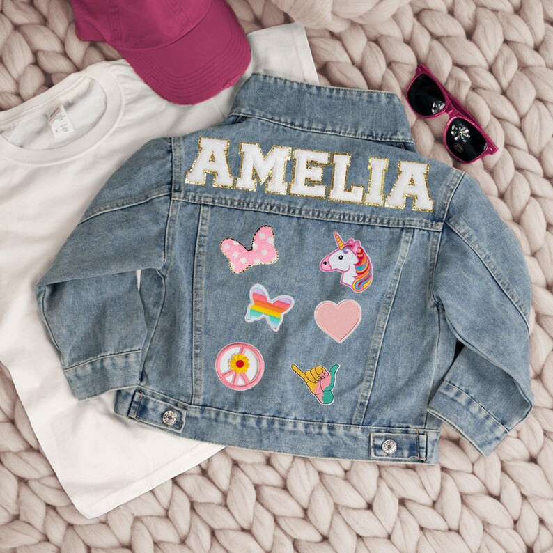 Personalized Kids Jean Jacket, Denim Jacket Gift, Blue Jersey Letter Patch Kid's Denim Jacket Wit... | Etsy (US)
