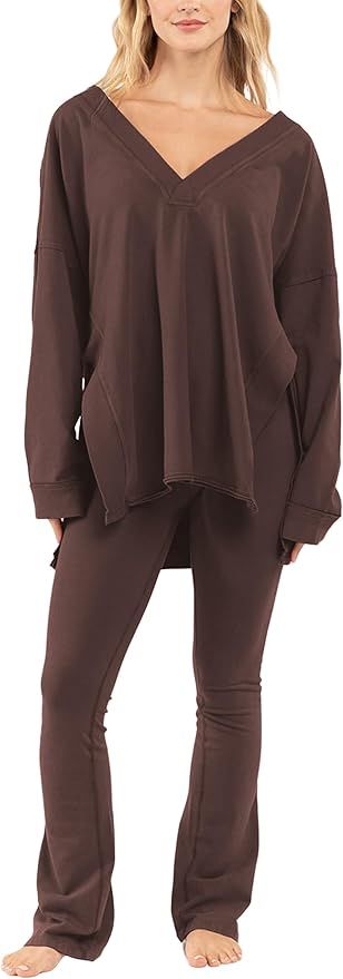 Ailoqing Womens 2 Piece Outfits Oversized T-Shirts and Flare Leggings Lounge Set Hot Shot Long Sl... | Amazon (US)