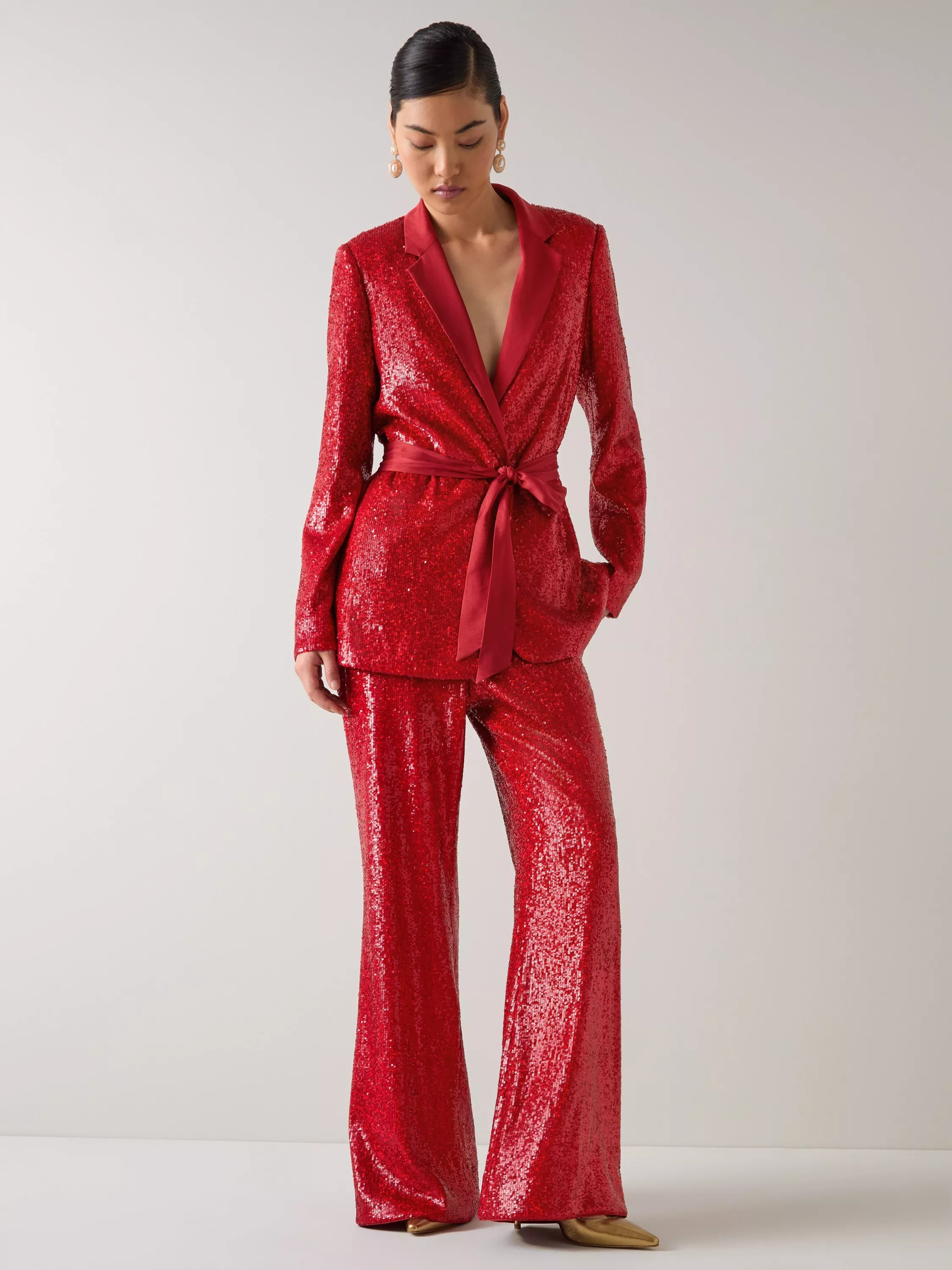 L.K.Bennett Shimmer Sequin Belted Jacket, Red Salsa | John Lewis (UK)