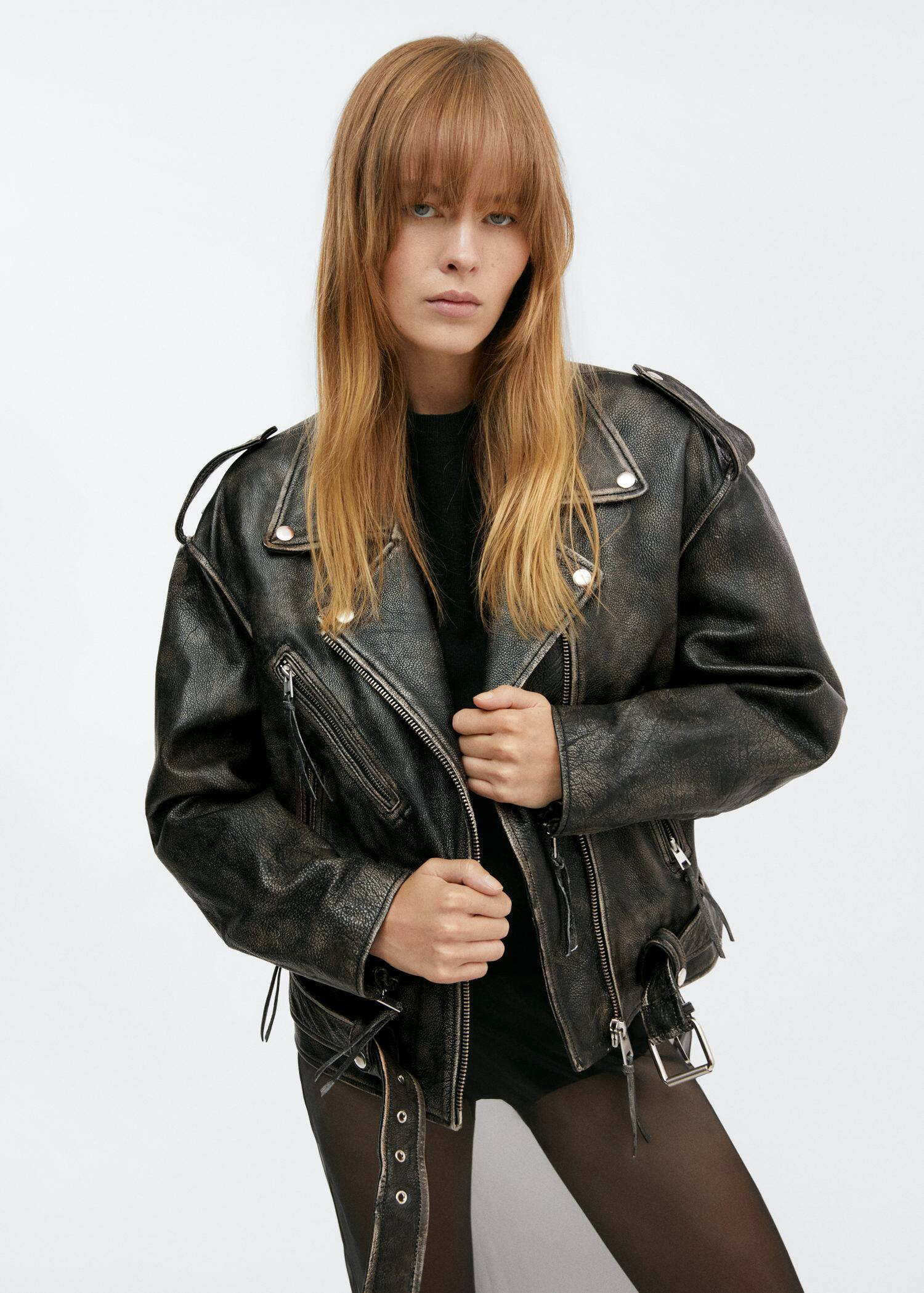 Blouson biker cuir oversize -  Femme | Mango France | MANGO (FR)