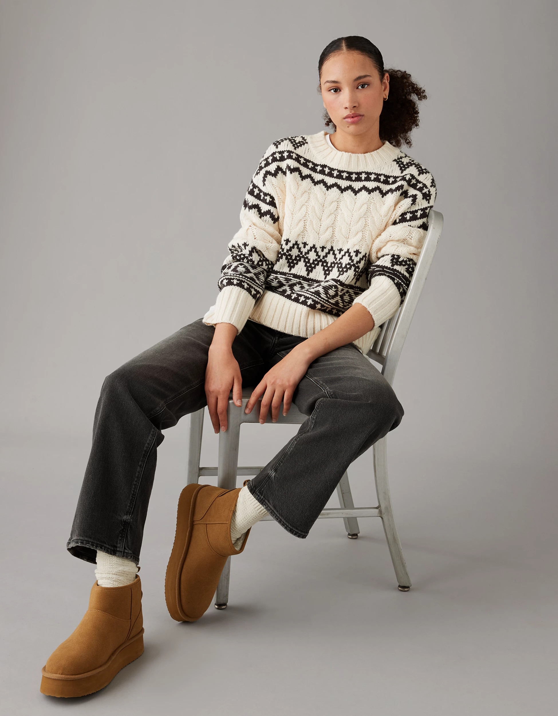 AE Fair Isle Cable-Knit Crewneck Sweater | American Eagle Outfitters (US & CA)