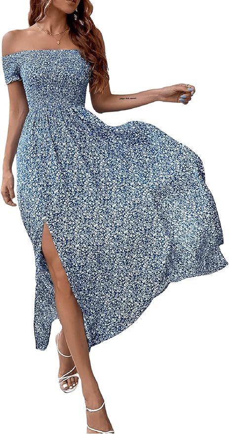 MakeMeChic Women's Boho Floral Print Off Shoulder Shirred Split Summer Long Maxi Dress | Amazon (US)