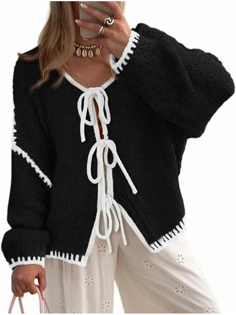 PRETTYGARDEN Women's Tie Front Bow Cardigan Sweaters Chunky Knit Long Puff Sleeve Trendy Fall Win... | Walmart (US)