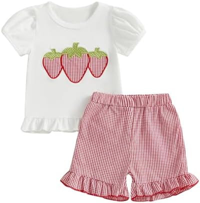 fhutpw Toddler Baby Girls Summer Clothes Smocked Short Sleeve T-Shirt Tops Ruffled Plaid Short Se... | Amazon (US)