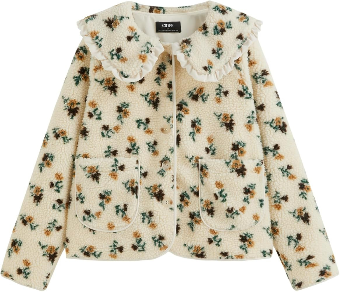 CIDER Fleece Jacket Women Floral Print Ruffled Collar Coat | Amazon (US)