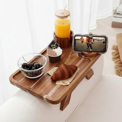 NAYSAYE Couch Cup Holder Tray End Table, 3-in-1 Large Acacia Wood Sofa Arm Clip on Tray Table with Phone Holder on Armrest, Brown, 15.32"*9.84"*6.5" | Target
