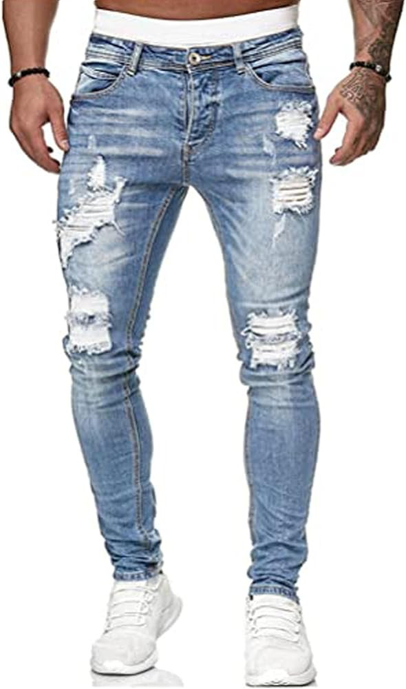 HUNGSON Men's Blue Slim Fit Jeans Stretch Destroyed Ripped Skinny Jeans Side Striped Denim Pants | Amazon (US)
