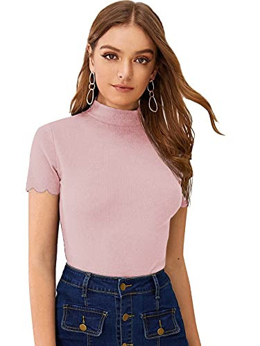 SweatyRocks Women's Mock Neck Ribbed Knit Scallop Short Sleeve T Shirt Tops Solid Dusty Pink M | Amazon (US)