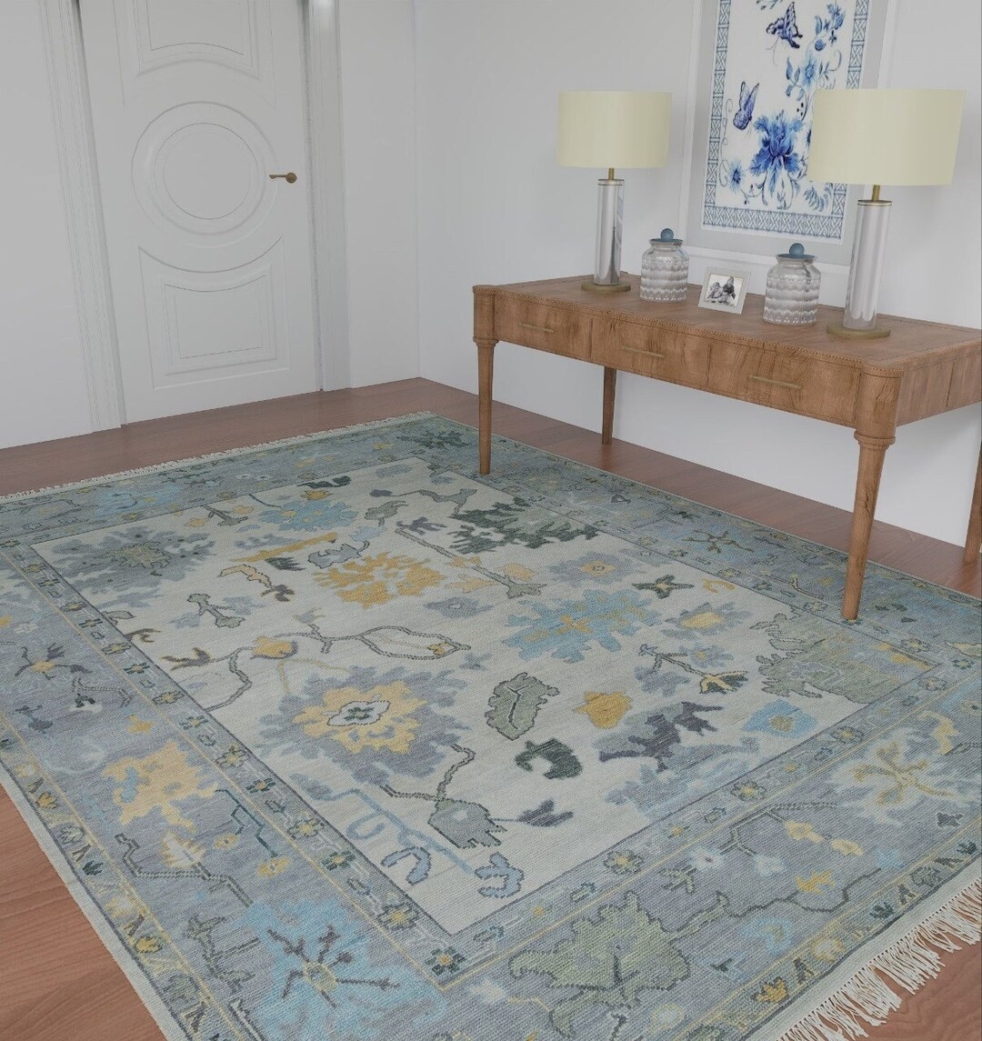 Faded Silver Gray Oushak Rug, Modern Turkish Rug With Muted Gold, Blue and Cream Handmade Wool Ru... | Etsy (US)