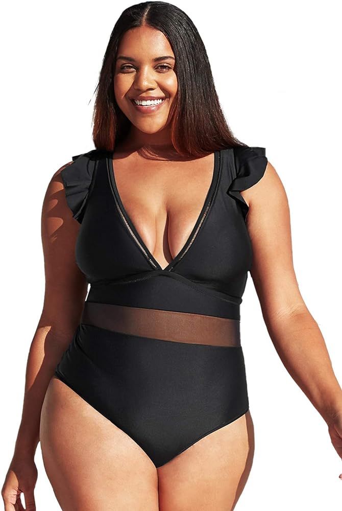 CUPSHE Women's One Piece Plus Size Black V Neck Ruffle Mesh Bathing Suit | Amazon (US)