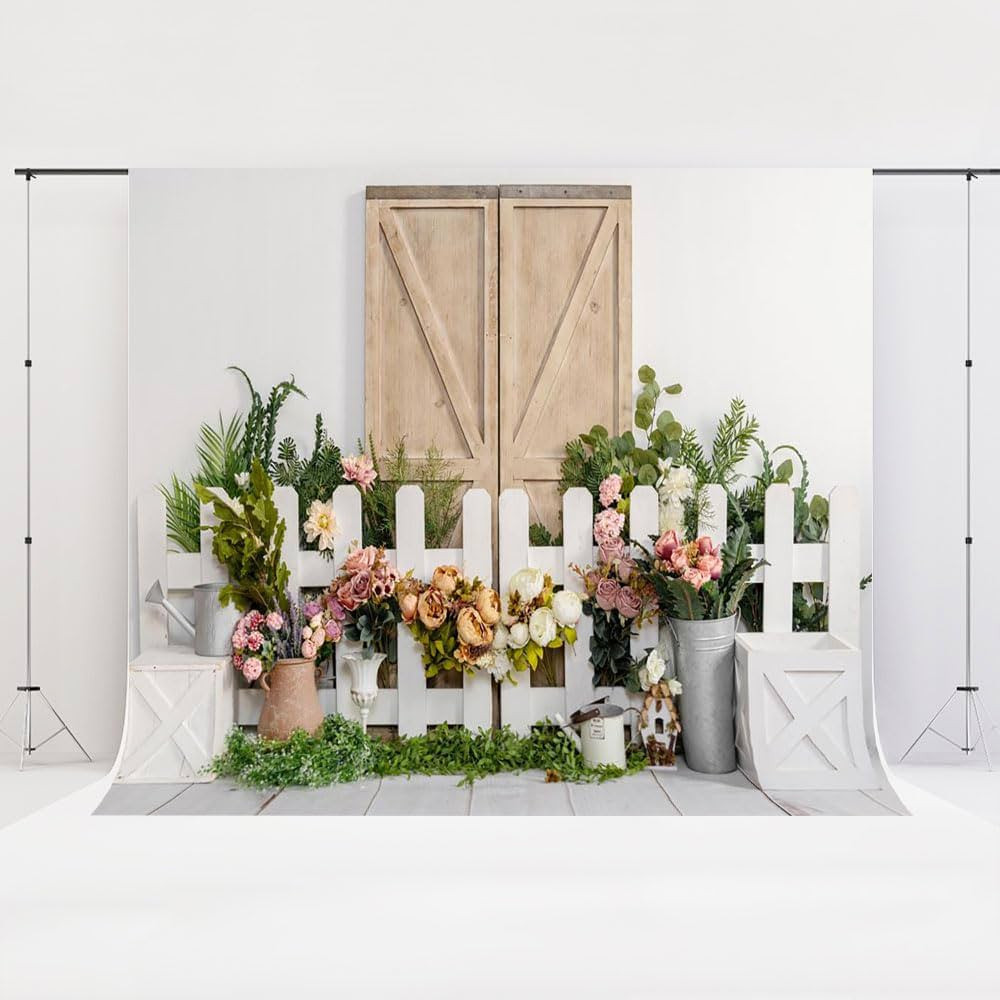 Kate 10x8ft/3x2.5m Spring Flower Fence Wooden Door Backdrop Green Plant Printed Fabric Background... | Amazon (US)