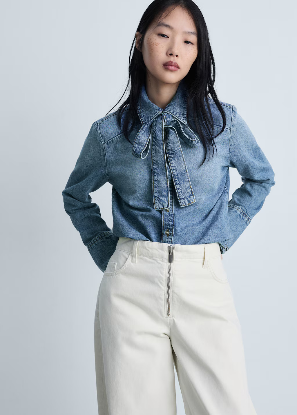 Denim shirt with bow - Women | MANGO USA | Mango (US/MX/AU)