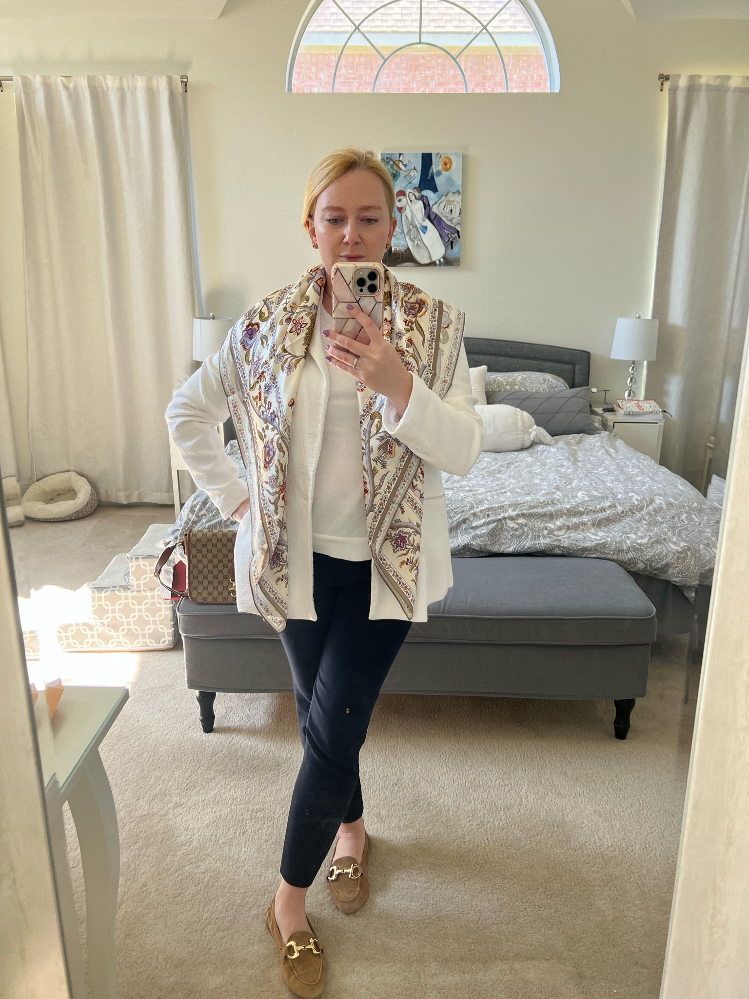 Chic fall outfit - white top and blazer, navy pants and silk scarf 

#LTKunder100 #LTKworkwear #LTKstyletip