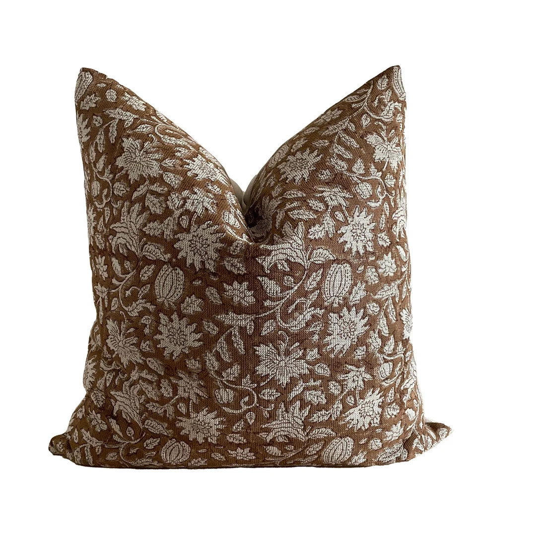 Reddish-brown Block Print Pillow Cover on Textured Linen Pillow Dyelot2 - Etsy | Etsy (US)