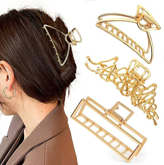 Mehayi 3 peças de grampos de cabelo grandes de metal dourado para mulheres e meninas, grampos de... | Amazon (BR)