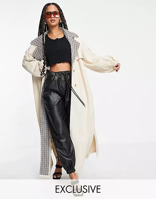 Missguided check collar balloon sleeve trench coat in sand | ASOS | ASOS (Global)