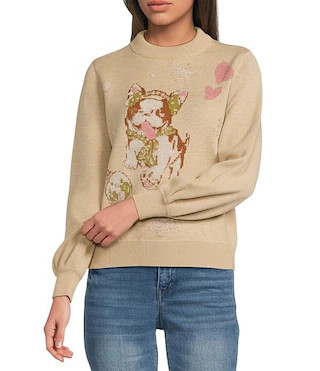 Crew Neck Long Sleeve Animal Placement Print Jacquard Sweater | Dillard's