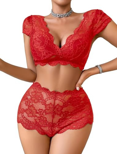 Avidlove Sexy Floral Lace Push Up Sheer Lingerie Set Outfits Red | Amazon (US)