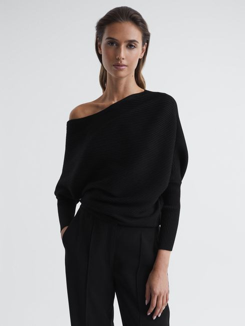 Reiss Black Lorna Asymmetric Drape Knitted Top | Reiss UK