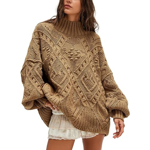 Hixiaohe Womens Sweaters Trendy Turtleneck Crochet Top Oversized Long Sleeve Chunky Knit Pullover Sweater Loose Jumper Tops(Coffee,XL) | Amazon (US)