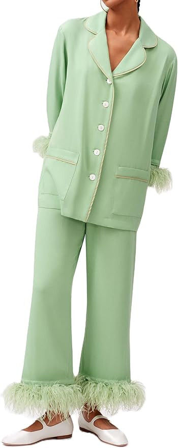 NUFIWI Women 2 Pieces Satin Pajamas Sets Solid Feather Trim Long Sleeve Button Down Shirt Pants 2... | Amazon (US)
