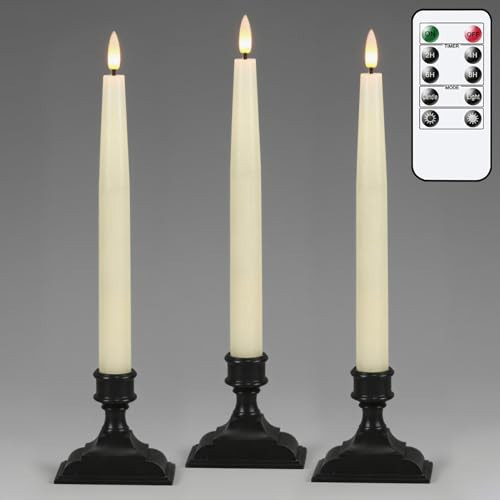 GenSwin Christmas Window Candles with Remote Timer, 3 Pcs Battery Operated Window Candles, Real Wax LED Flameless Taper Candle with Black Flameless Candlesticks for Home Decor(Ivory) | Amazon (US)