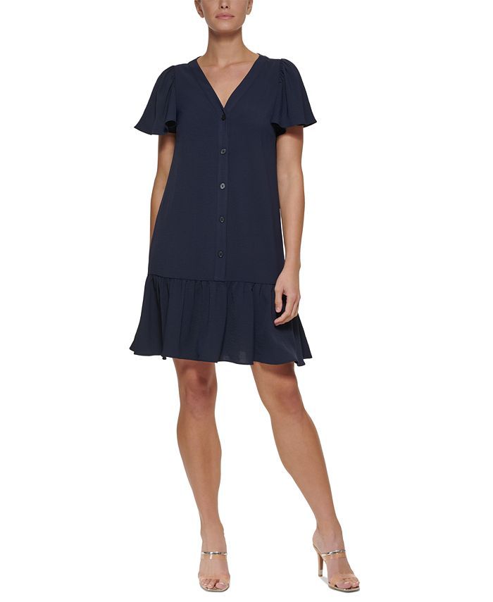 DKNY Flutter-Sleeve Button-Front Dress & Reviews - Dresses - Women - Macy's | Macys (US)