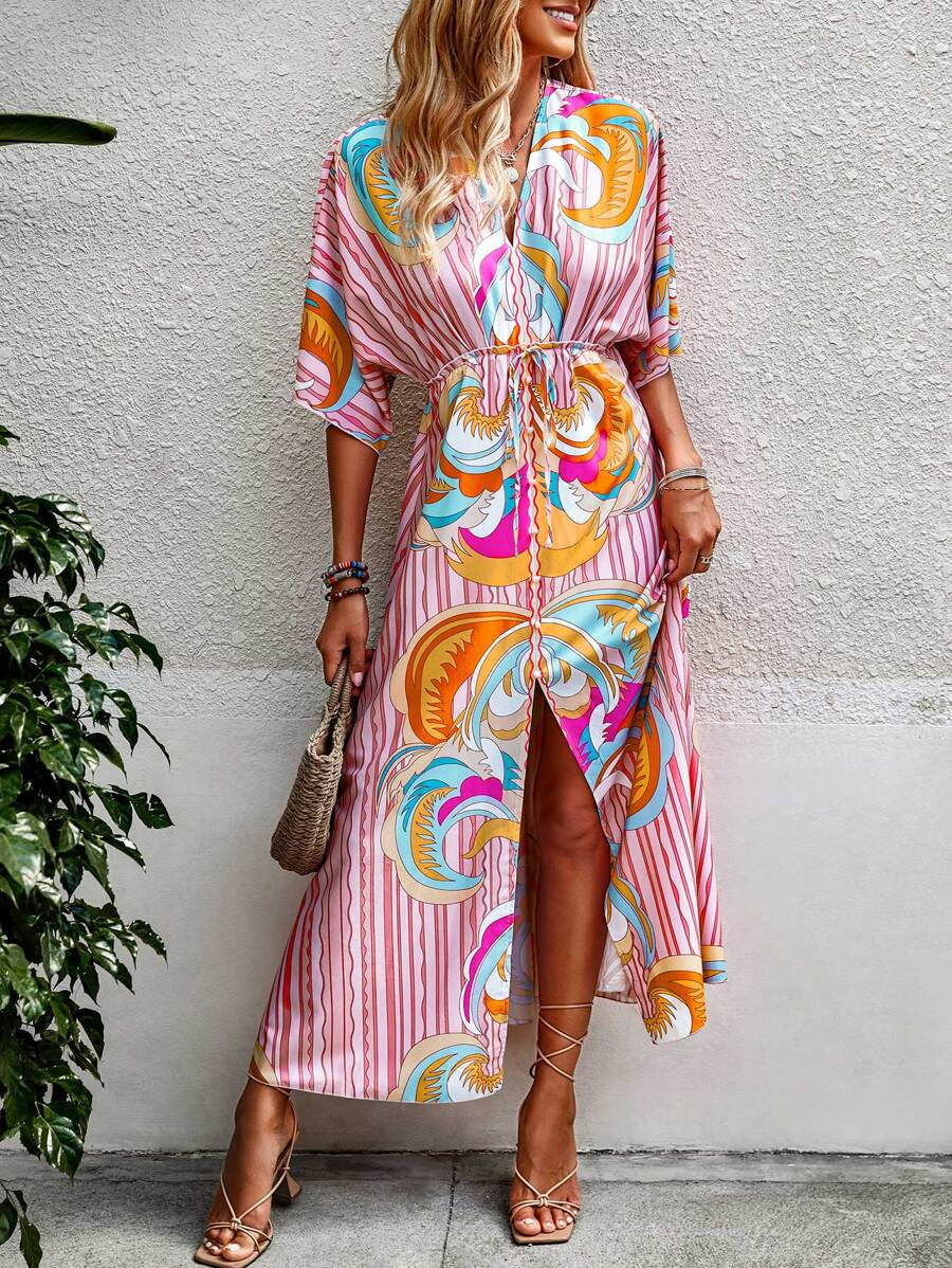 Graphic & Striped Frill Pearls Split Hem Batwing Sleeve Dress
   SKU: sw2203262193903999      
  ... | SHEIN