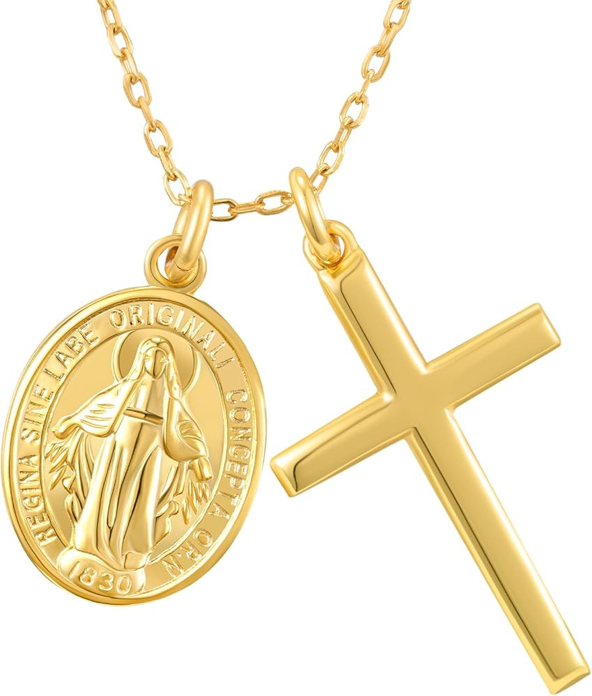 NORBU 925 Sterling Silver Cross Necklace for Women with Miraculous Medal, 18K Gold Plated Virgin ... | Amazon (US)