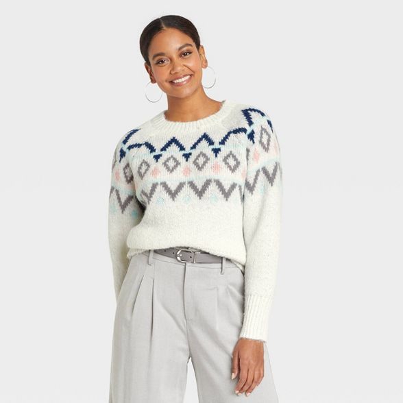 Women&#39;s Crewneck Sweater - A New Day&#8482; Cream Fair Isle L | Target