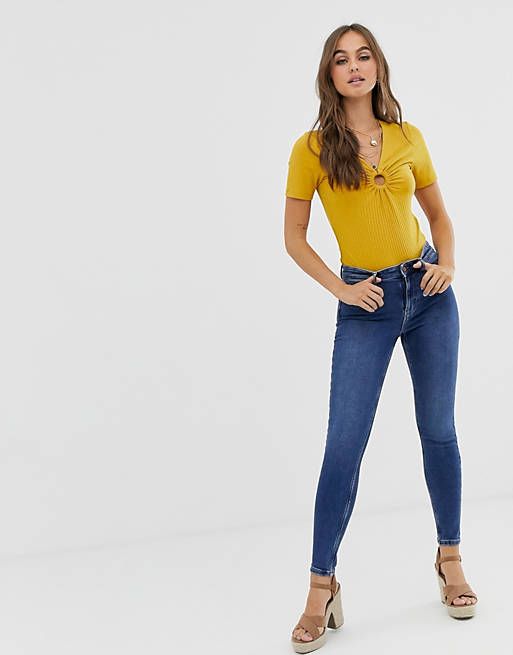 Pieces skinny jeans with high waist in medium blue denim | ASOS (Global)
