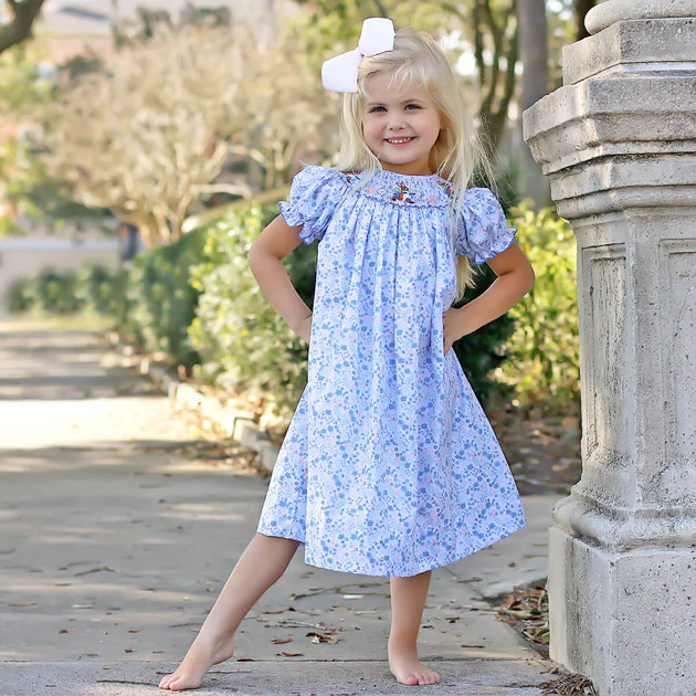 Storybook Rabbit Smocked Royal Floral Bishop Dress | Classic Whimsy