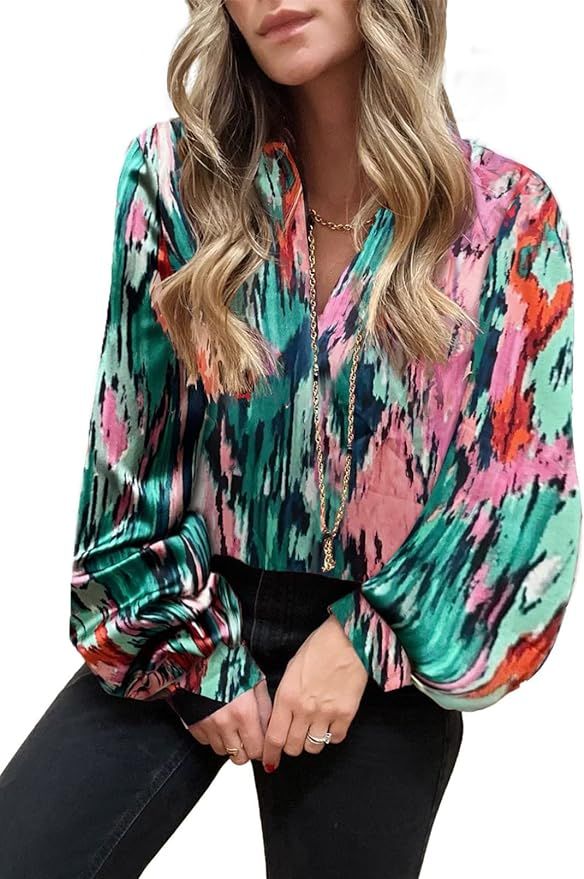 FARYSAYS Women's Casual Boho Abstract Print V Neck Lantern Long Sleeve Tops Loose Blouses Shirts | Amazon (US)