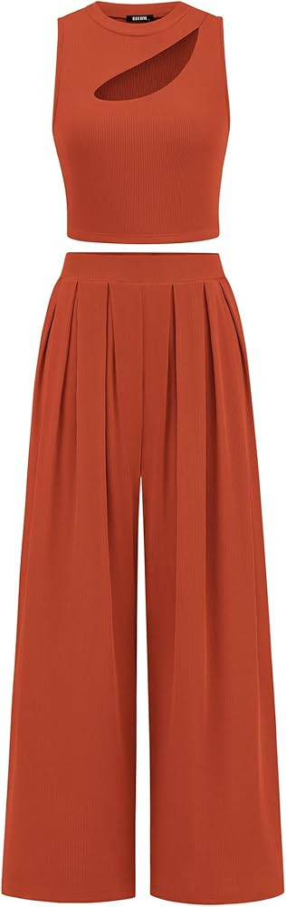 BTFBM Women 2 Piece Outfits 2024 Spring Summer Tracksuits Mock Neck Sleeveless Cutout Crop Top Wi... | Amazon (US)