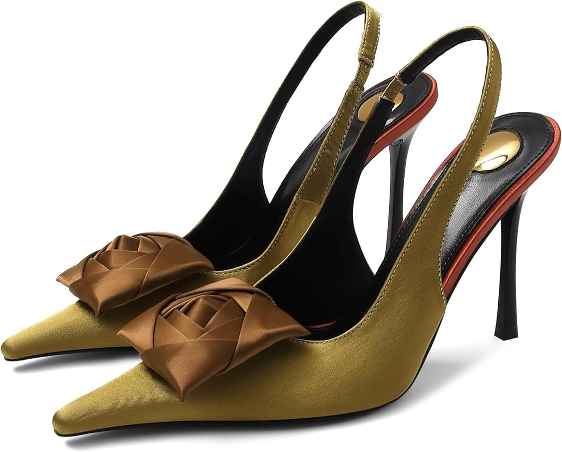 Flower High Heels for Women Closed Pointed Toe Satin Slingback Stiletto Heel Pumps Slip On Elasti... | Amazon (US)