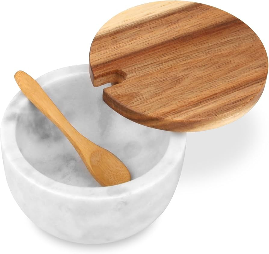 HESHIBI Marble Salt Cellar Box with Wood Lid & Spoon, Modern White Stone Salt or Pepper Sugar Spi... | Amazon (US)