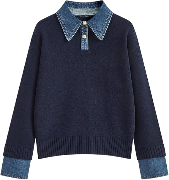 Womens Denim Lapel Sweater Oversized Long Sleeve Button Down Polo Knit Pullover Sweaters 2025 Fal... | Amazon (US)