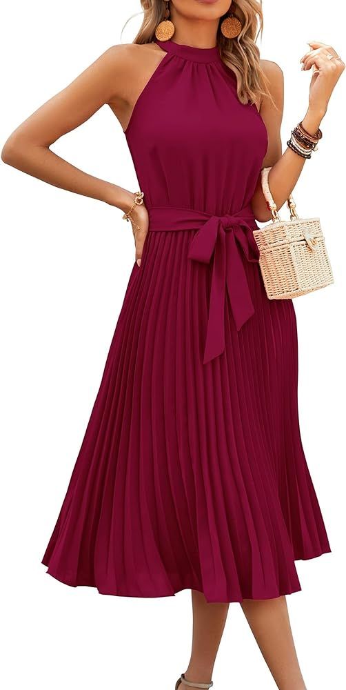 KIRUNDO Women's 2024 Summer Sleeveless Halter Neck Pleated Midi Cocktail Dresses A Line Flowy Bea... | Amazon (US)