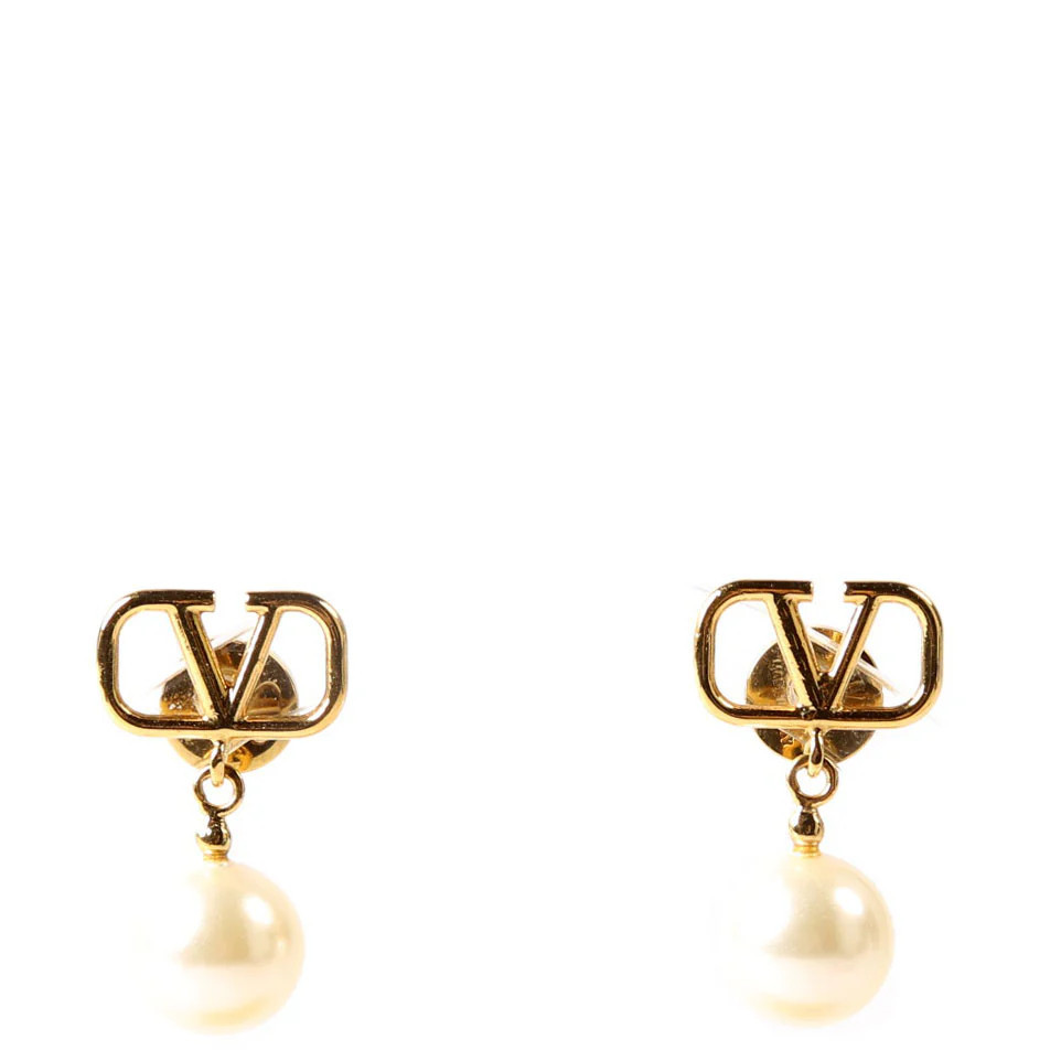 VLogo Pearl Drop Earrings Gold/Pearl | Keeks Designer Handbags