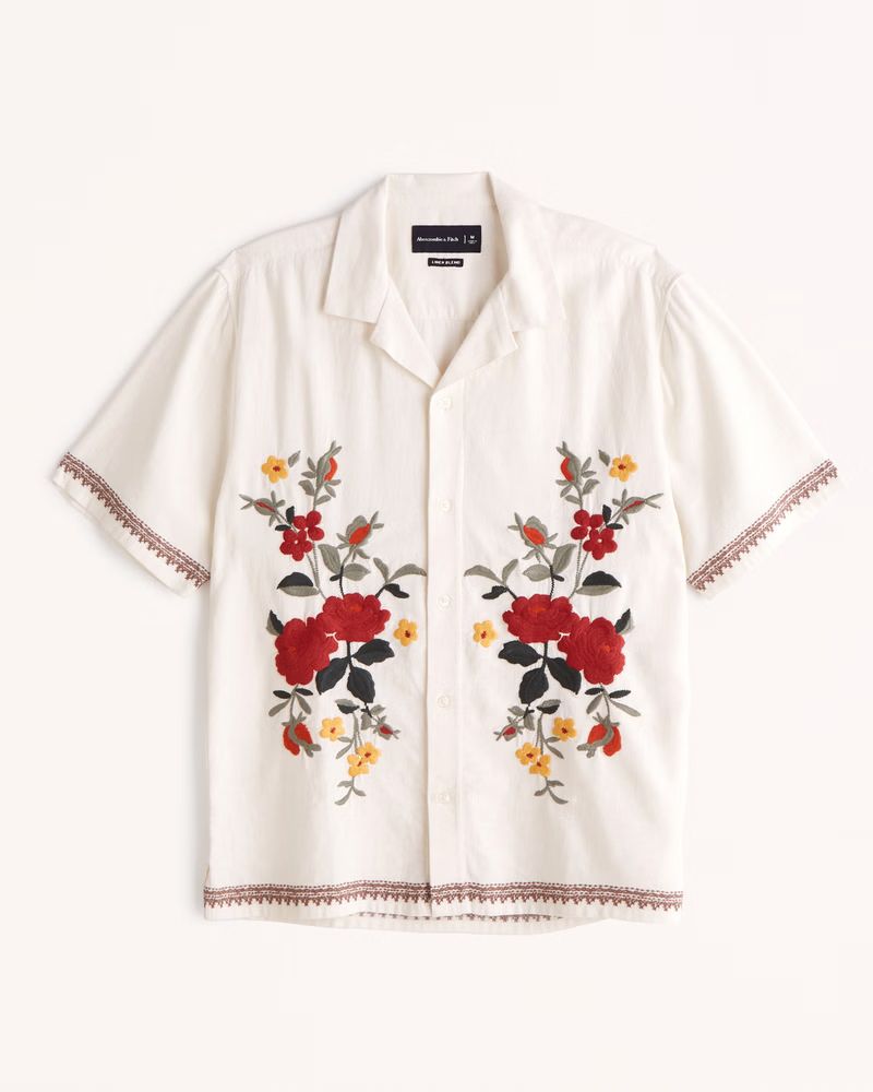 Camp Collar Linen-Blend Embroidered Shirt | Abercrombie & Fitch (US)