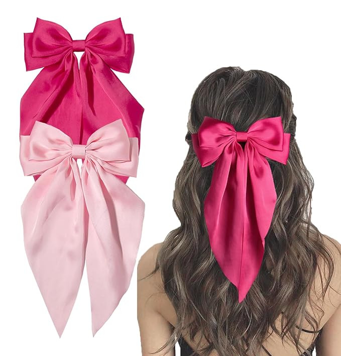 Furling Pompoms Hair Bows Clip, Hot Pink Bow for Women's Hair - 2 Pack, Elegant Satin Bow Hair Ac... | Amazon (US)